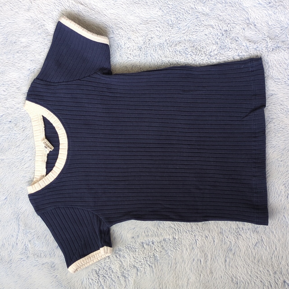 EUC 4T Kate Quinn Organics SS Ringer Tee Indigo Blue Classic Wide Rib Cotton
